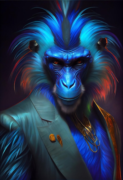 Un singe avec un costume bleu et un singe bleu avec un collier en or.