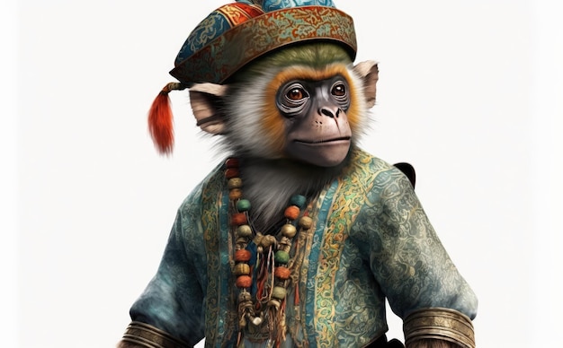 Un singe en costume avec un chapeau. roi Singe. style de dessin animé aquarelle ai généré