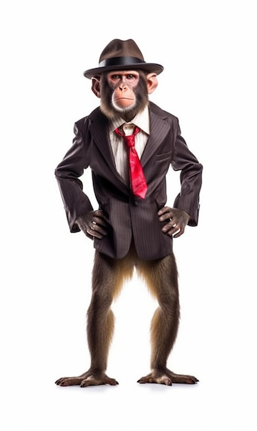 Un singe en costume avec une cravate rouge