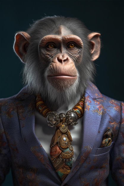 Un singe en costume avec une veste bleue et une veste bleue.