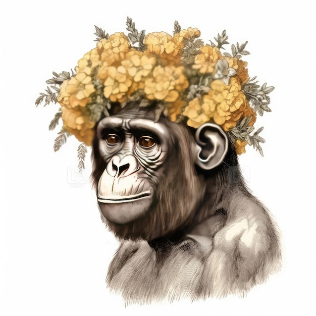 Un singe avec une couronne de fleurs sur la tête