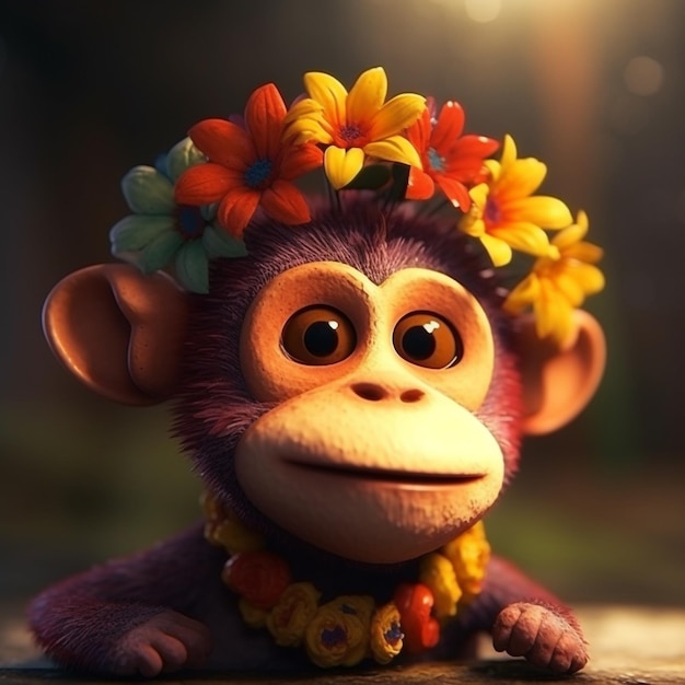 Un singe avec une couronne de fleurs sur la tête