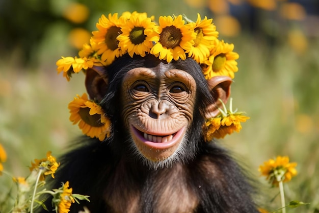 un singe avec une couronne de fleurs sur la tête