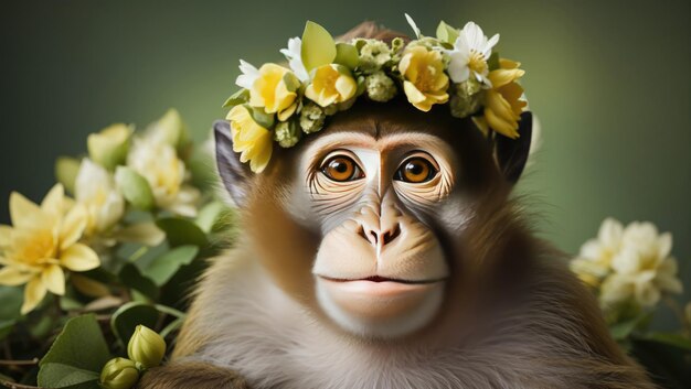 Photo singe avec une couronne de fleurs