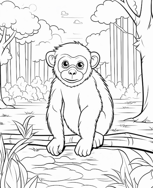 Un singe de dessin animé assis sur une bûche dans la jungle