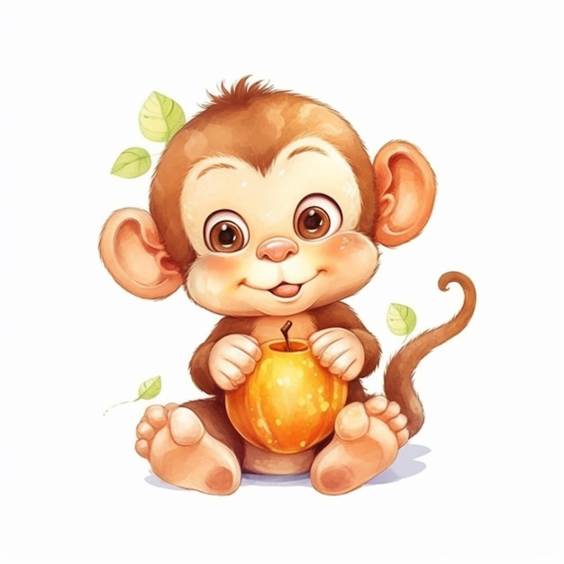 un singe de dessin animé assis sur le sol avec une citrouille à la main
