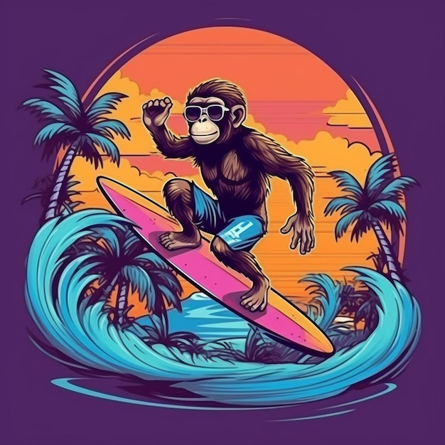 Photo un singe de dessin animé chevauchant une planche de surf sur une vague dans l'océan ai génératif