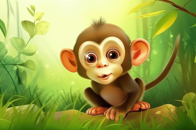 Un singe de dessin animé avec de grands yeux est assis sur une branche d'arbre.