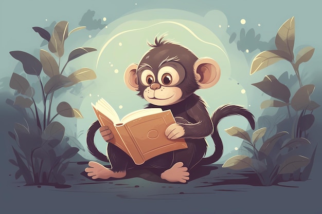 Un singe de dessin animé lisant un livre avec un fond bleu.