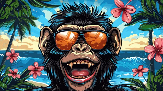 Un singe de dessin animé portant des lunettes de soleil et souriant avec la bouche ouverte