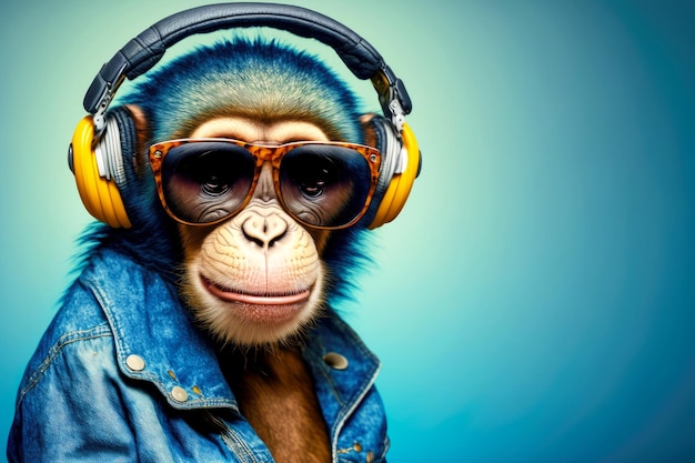 Singe drôle avec un casque en veste en jean et des lunettes de soleil sur fond bleu ai générative