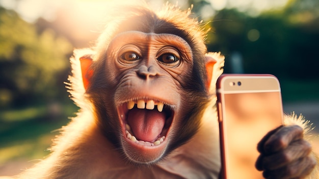 un singe drôle avec un téléphone portable