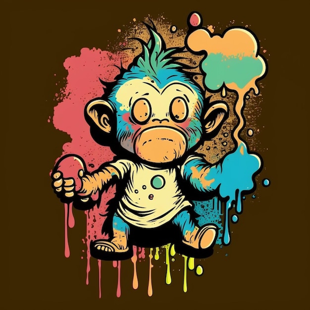 Un singe avec une éclaboussure de peinture sur sa chemise tient une glace.