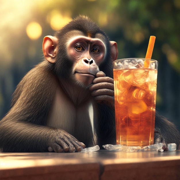 Un singe est assis à un bar avec un verre de thé glacé.