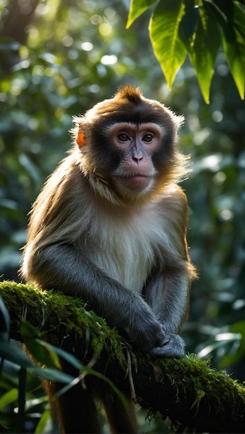 Photo un singe est assis sur une branche d'arbre dans la forêt