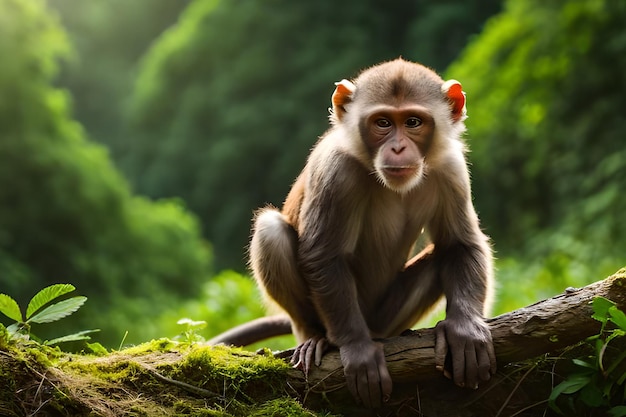 Un singe est assis sur une bûche dans une forêt