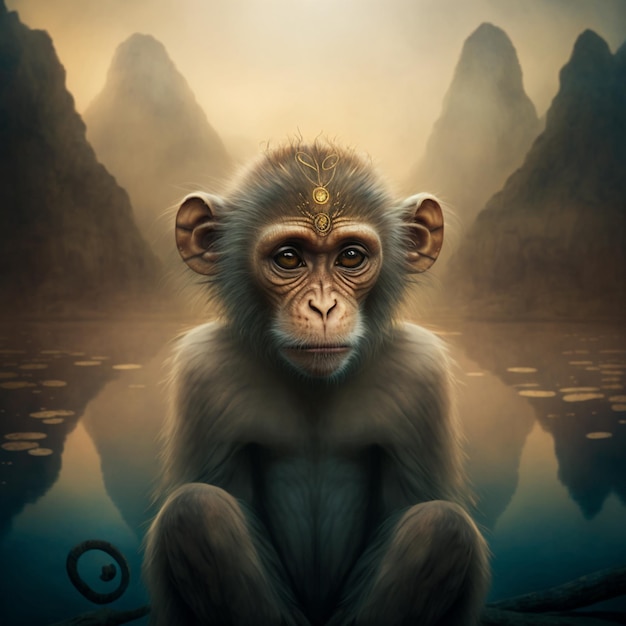 Un singe est assis dans un étang avec des montagnes en arrière-plan.