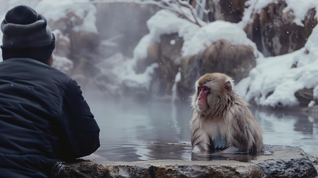 Photo un singe est assis dans une piscine d'eau avec un homme qui le regarde