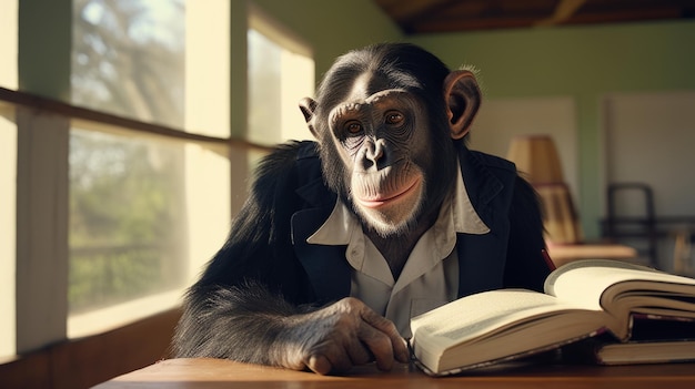 Photo un singe est assis dans un restaurant en attendant une commande. un chimpanzé dans un restaurant.