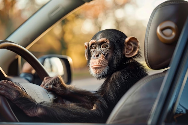 Un singe est assis sur le siège du conducteur d'une voiture