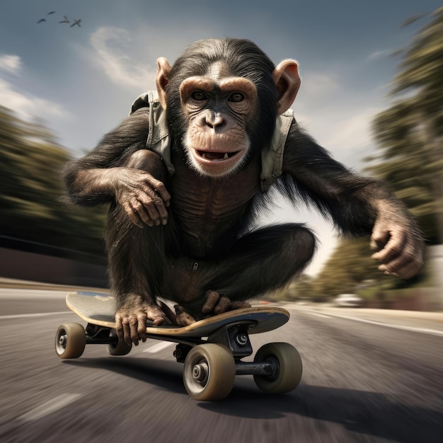 Le singe fait du skateboard