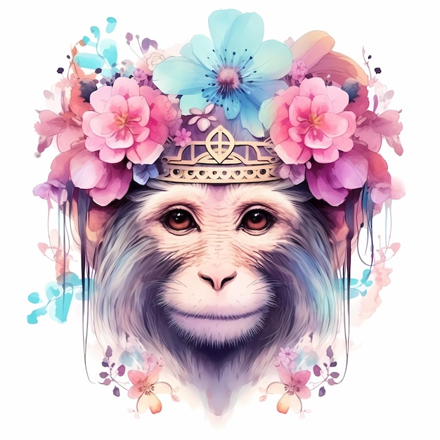 un singe avec des fleurs sur la tête est représenté avec une image d'un singe