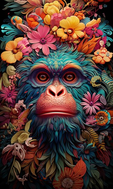 Un singe floral coloré sur une affiche abstraite d'art naïf