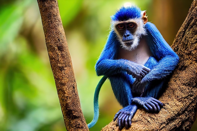 Un singe avec une fourrure bleue et une longue queue est assis sur un arbre par une illustration 3D ensoleillée