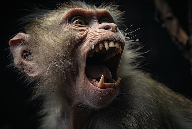 un singe avec une grande bouche qui dit singe sur lui