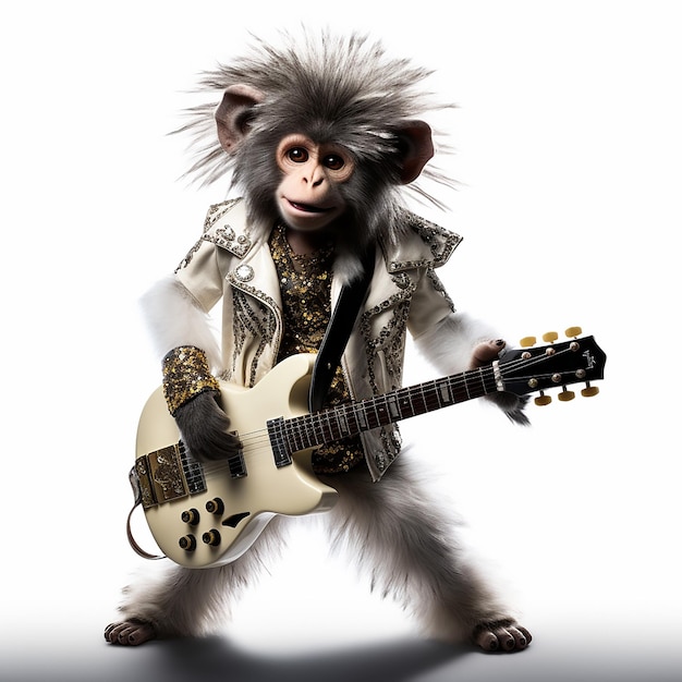 un singe avec une guitare à la main joue de la guitare