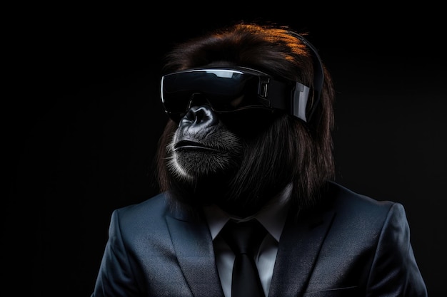 Le singe hurleur noir en costume et la réalité virtuelle sur fond noir