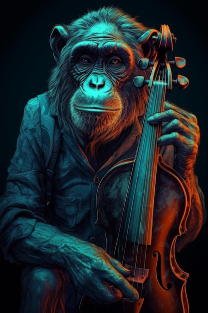 Un singe jouant du violon sur fond bleu.