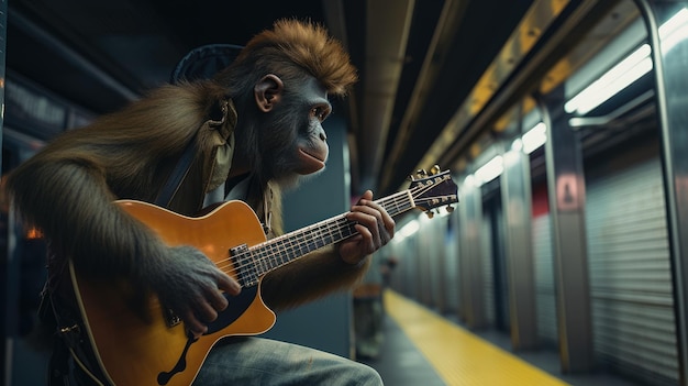 Un singe jouant d'instruments de musique dans le métro Hyper Real HD 4k