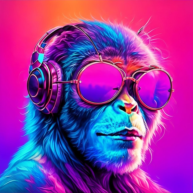 Un singe avec des lunettes de soleil sur la tête et des écouteurs sur la tête.