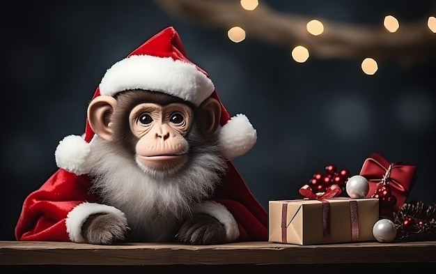 Singe mignon et drôle avec costume de père noël Fond animal de Noël avec espace de copie