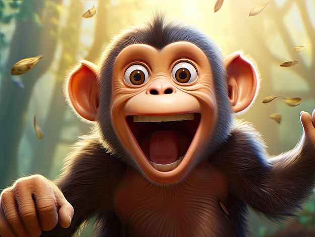 Un singe mignon et heureux avec les yeux grands ouverts en style dessin animé
