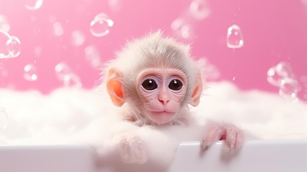 Un singe mignon se baigne dans une baignoire sur fond rose