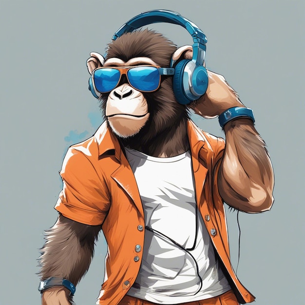 Photo un singe musclé portant un casque avec un t-shirt orange