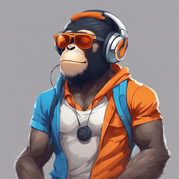 Un singe musclé portant un casque avec un t-shirt orange