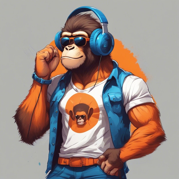 Un singe musclé portant un casque avec un t-shirt orange