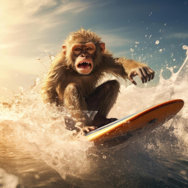 Singe sur planche de surf nageant dans la mer