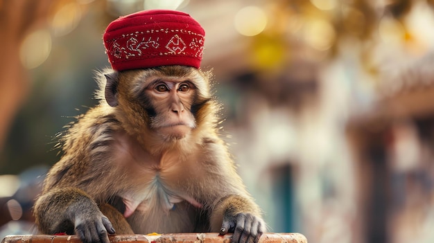 Photo un singe portant un chapeau rouge est assis sur une balustrade le singe regarde à gauche du cadre il a une expression sérieuse sur son visage
