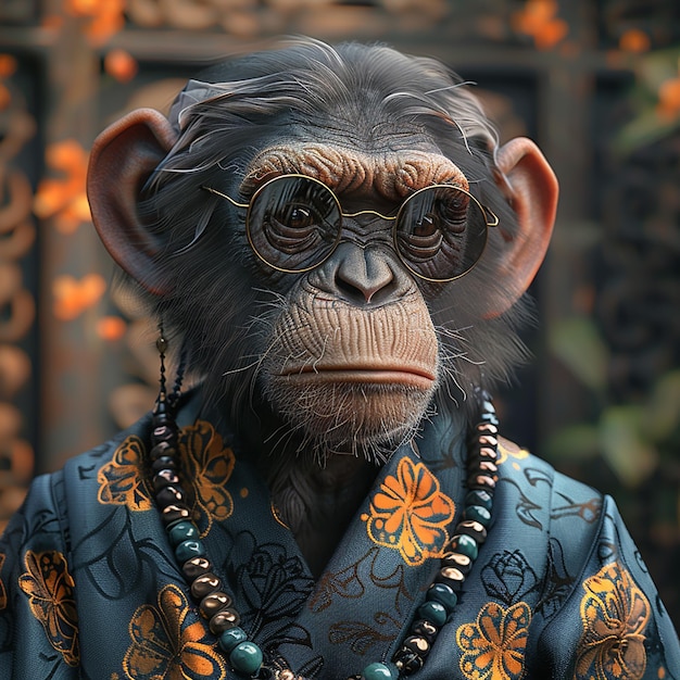 un singe portant une robe avec un collier autour de lui