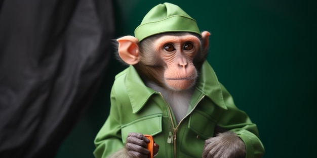 Un singe portant une veste et un chapeau est assis avec une paire de ciseaux à la main.