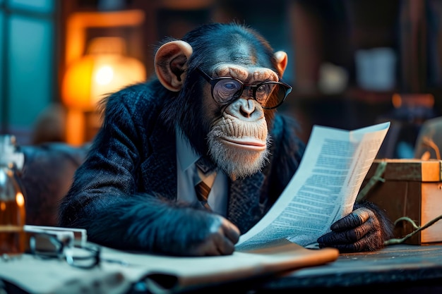 Le singe porte des lunettes et un costume et lit un livre.