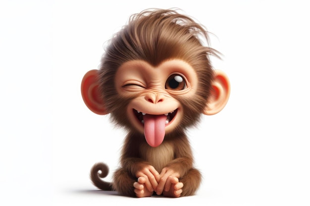 un singe qui cligne des yeux et sort sa langue sur un fond blanc