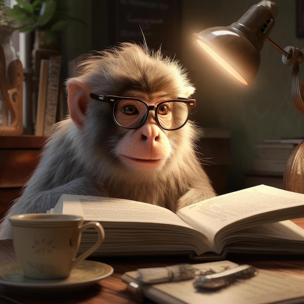 Un singe qui lit un livre.
