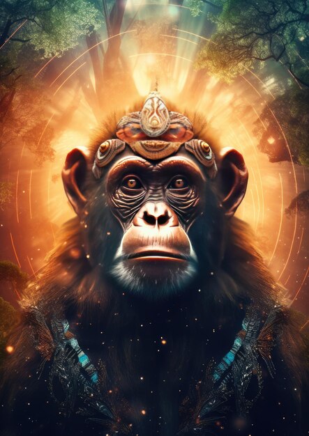 Le singe de science-fiction est une créature fantastique d'animaux sauvages avec un ciel coloré et un fond sombre.