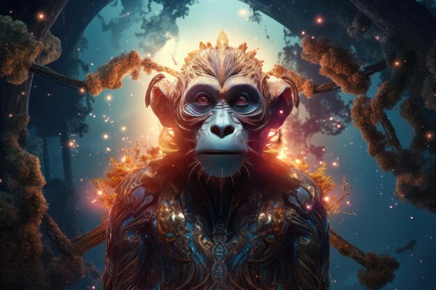 Le singe de science-fiction est une créature fantastique d'animaux sauvages avec un ciel coloré et un fond sombre.