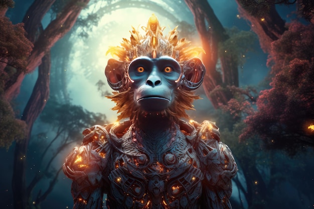 Le singe de science-fiction est une créature fantastique d'animaux sauvages avec un ciel coloré et un fond sombre.